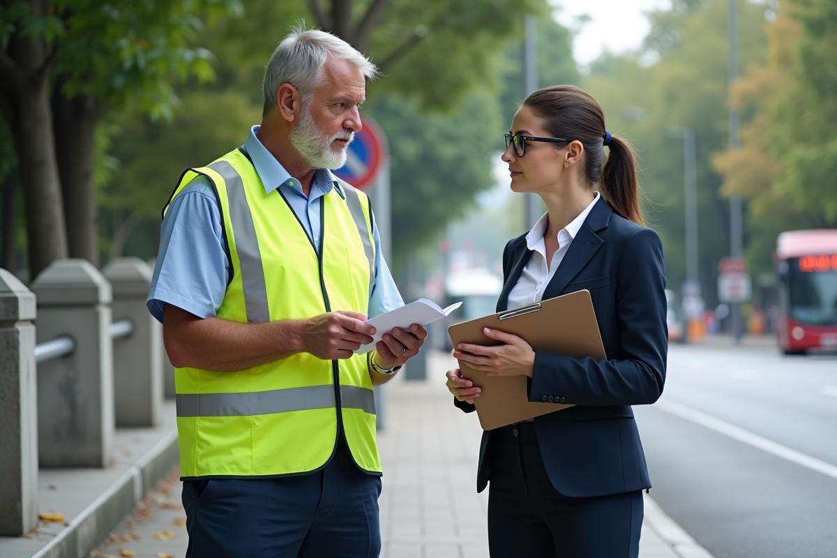 Homme en veste de sécurité discute de sécurité routière