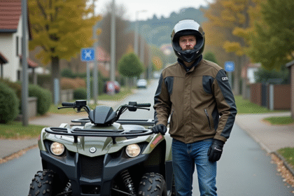 Homme en veste moto et casque à côté d'un quad en banlieue