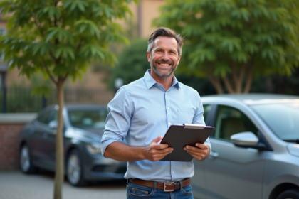 Homme souriant vérifiant documents près d'une voiture