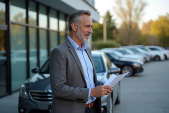 Homme d'âge moyen devant sa voiture en concession