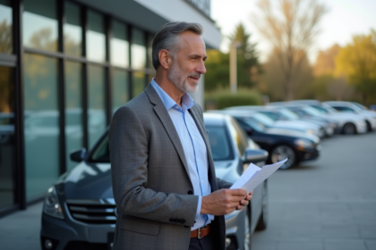 Homme d'âge moyen devant sa voiture en concession