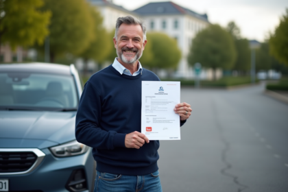 Homme souriant avec certificat d'immatriculation voiture