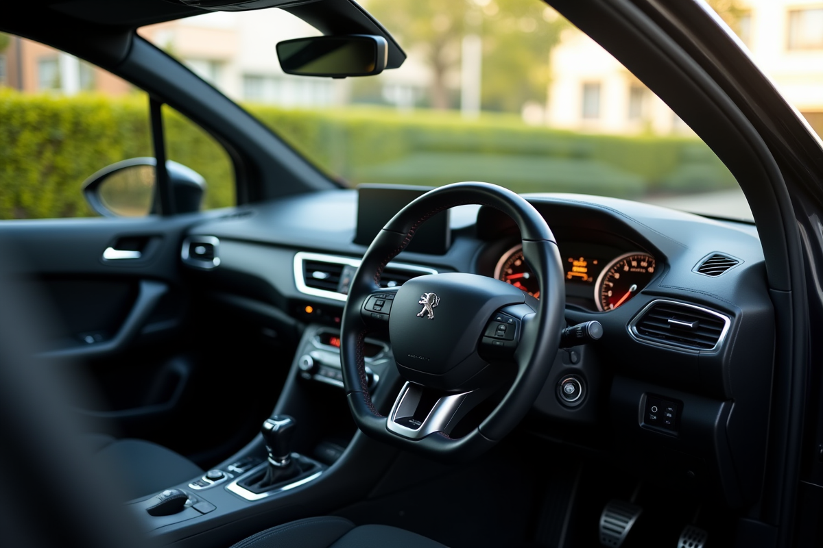 Intérieur de la Peugeot 308 tableau de bord et volant en lumière naturelle