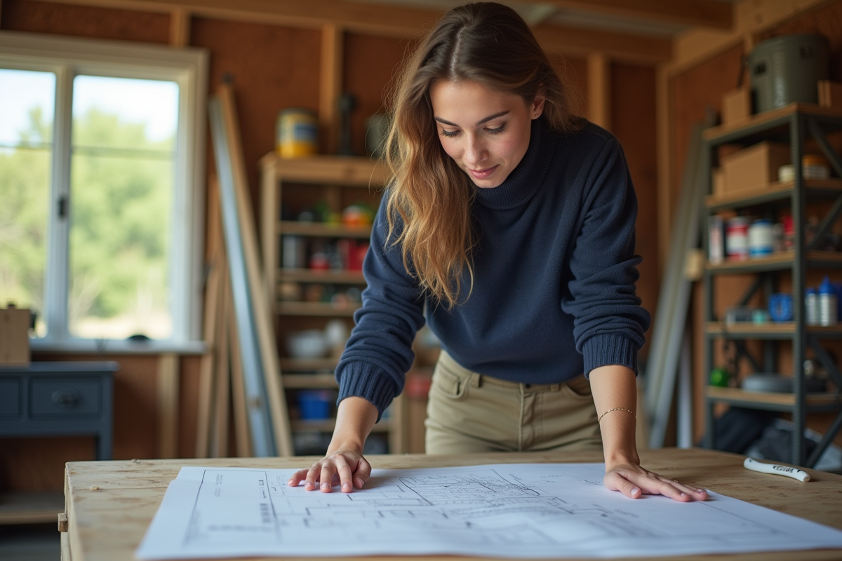 Jeune femme inspectant des plans dans un garage aménagé