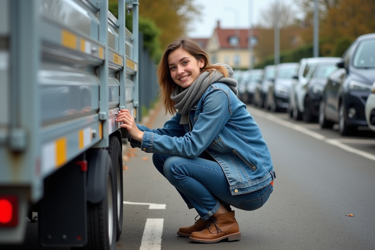 Jeune femme fixant une nouvelle plaque sur un trailer en parking
