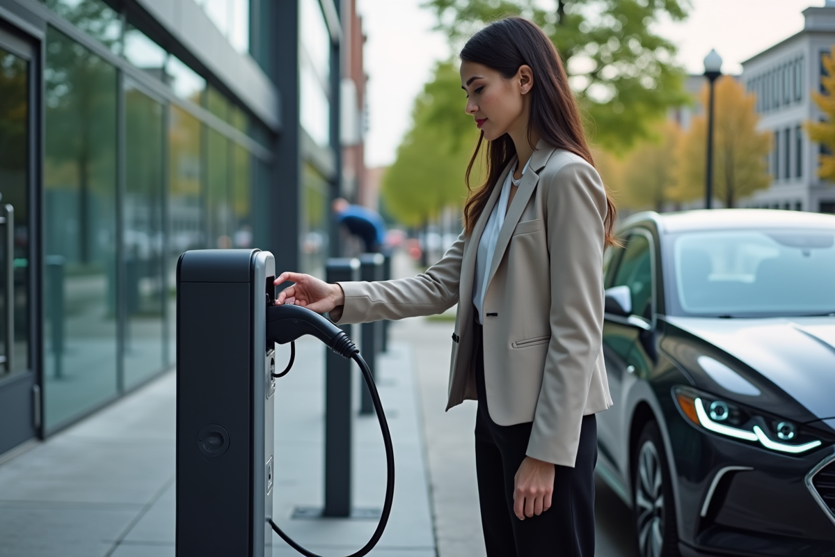 Jeune femme branchant une voiture hybride en ville