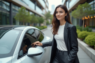 Jeune femme souriante à côté d'une voiture électrique futuriste