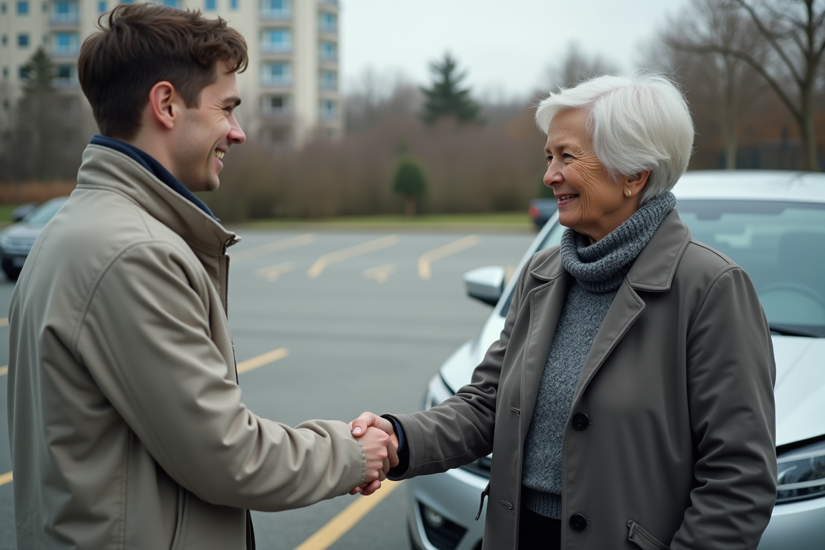 Jeune homme et femme se serrant la main près de voitures accidentées