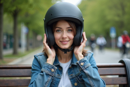 Jeune femme en denim ajustant son casque moto dans un parc