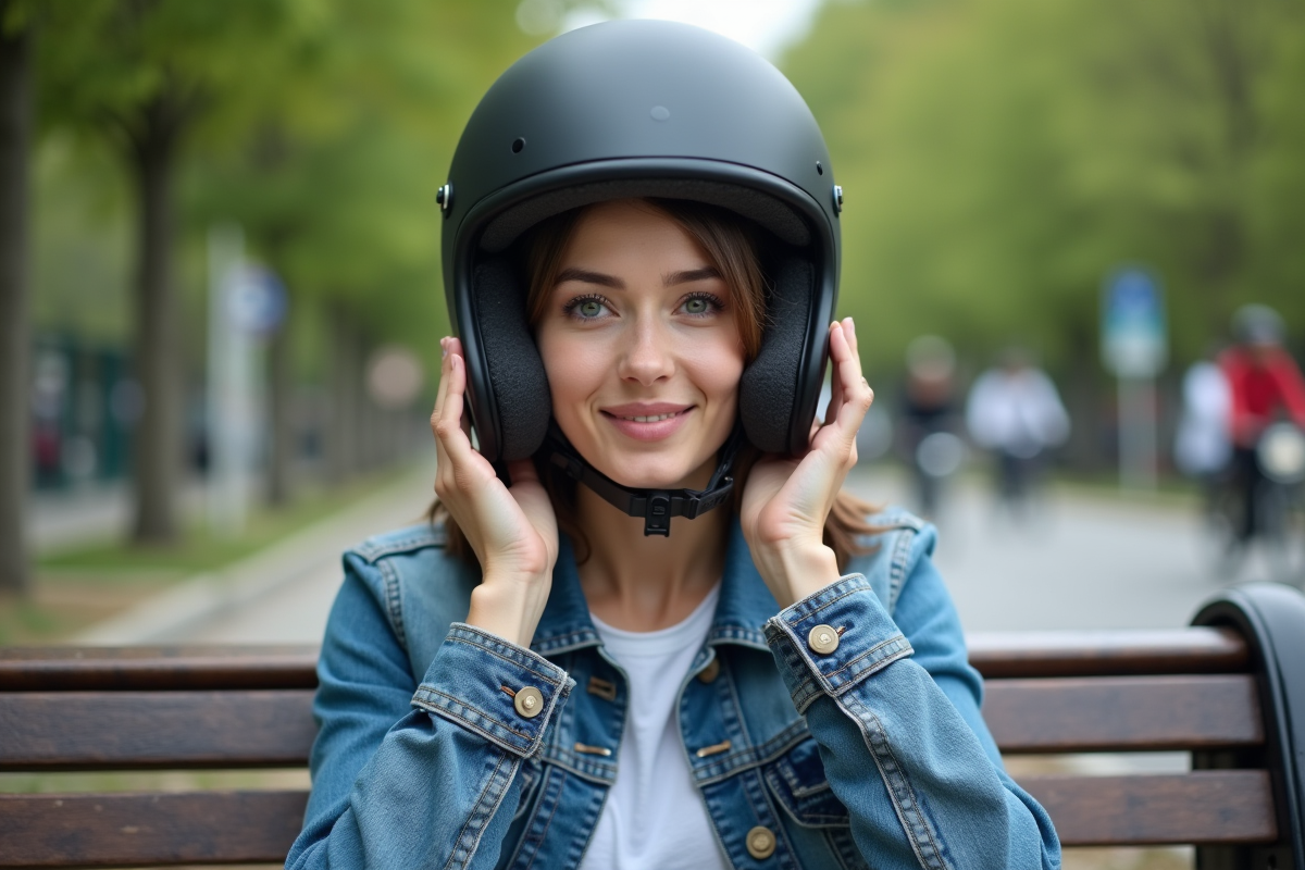 Jeune femme en denim ajustant son casque moto dans un parc