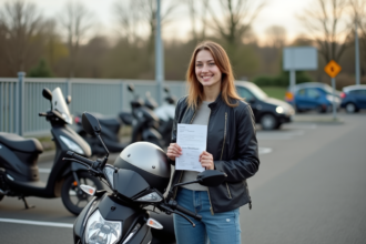 Jeune femme française fière avec permis moto devant une moto