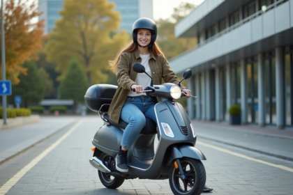 Jeune femme souriante en scooter devant une école de conduite