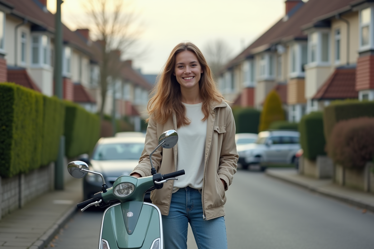 Jeune femme souriante avec scooter en quartier résidentiel