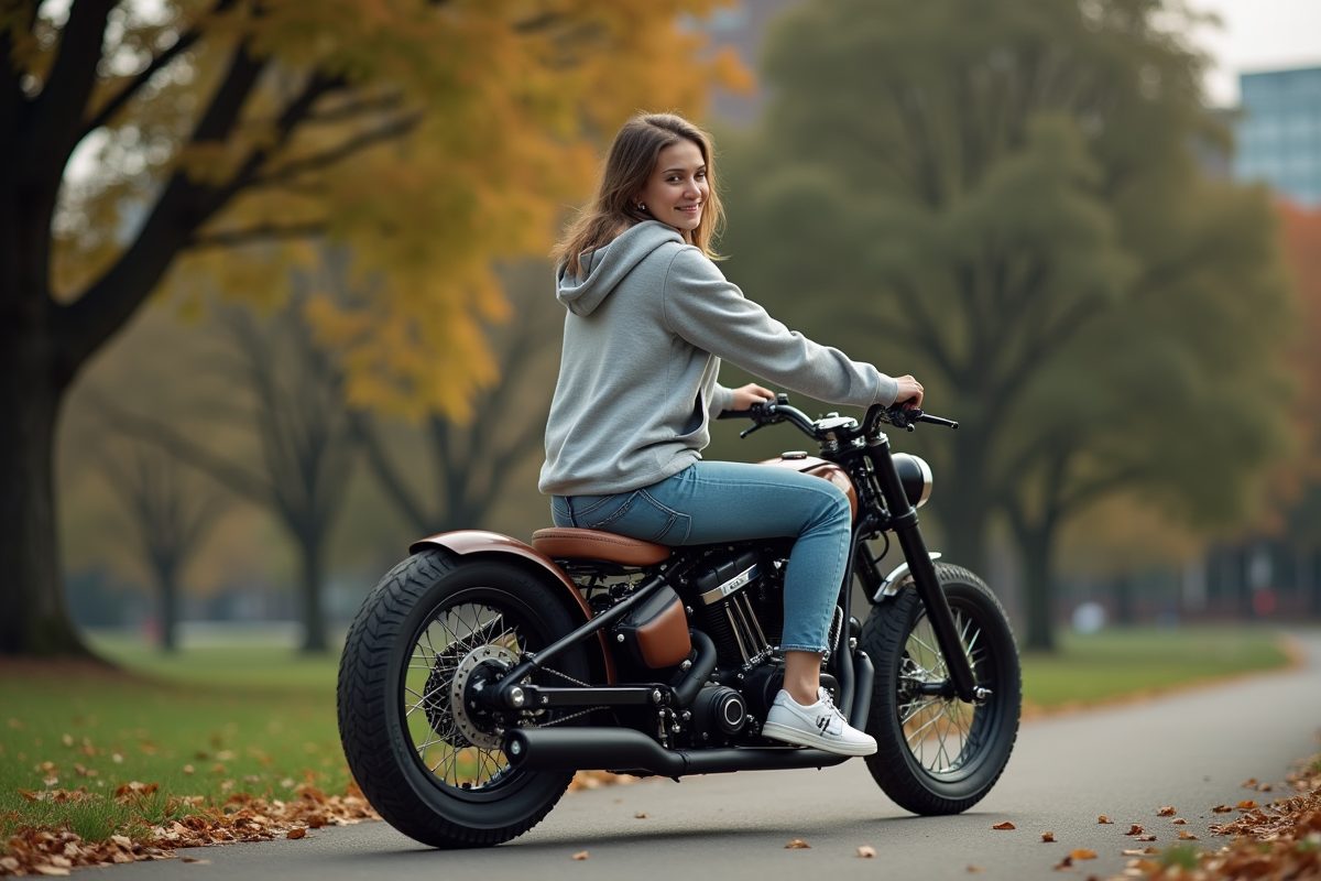 Jeune femme roulant en tricycle moto dans un parc urbain