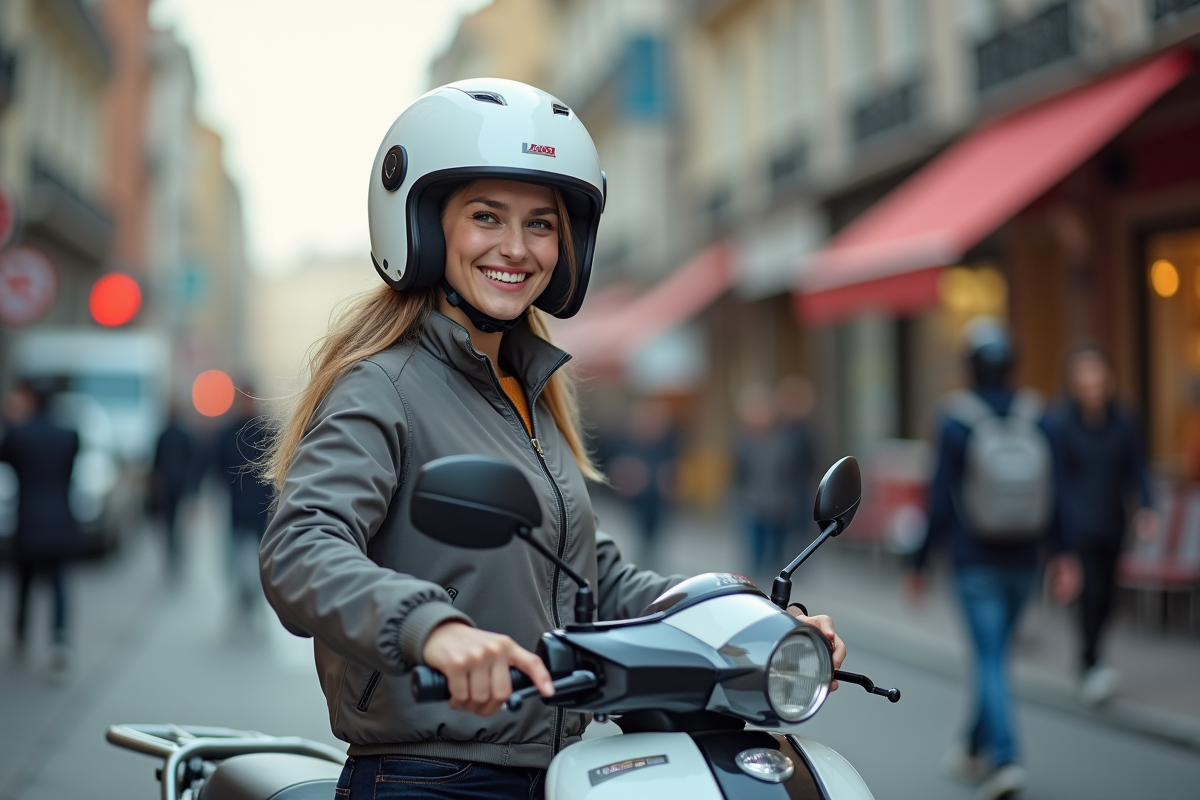 Jeune femme en casque blanc verrouillant son scooter en ville