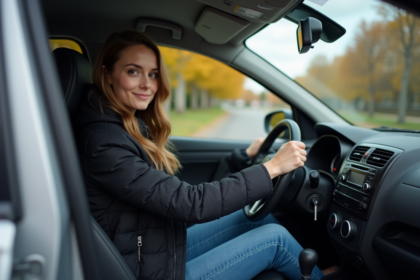 Jeune femme dans sa voiture en automne avec phares allumés