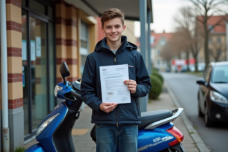Jeune homme avec attestation BSR et scooter devant école