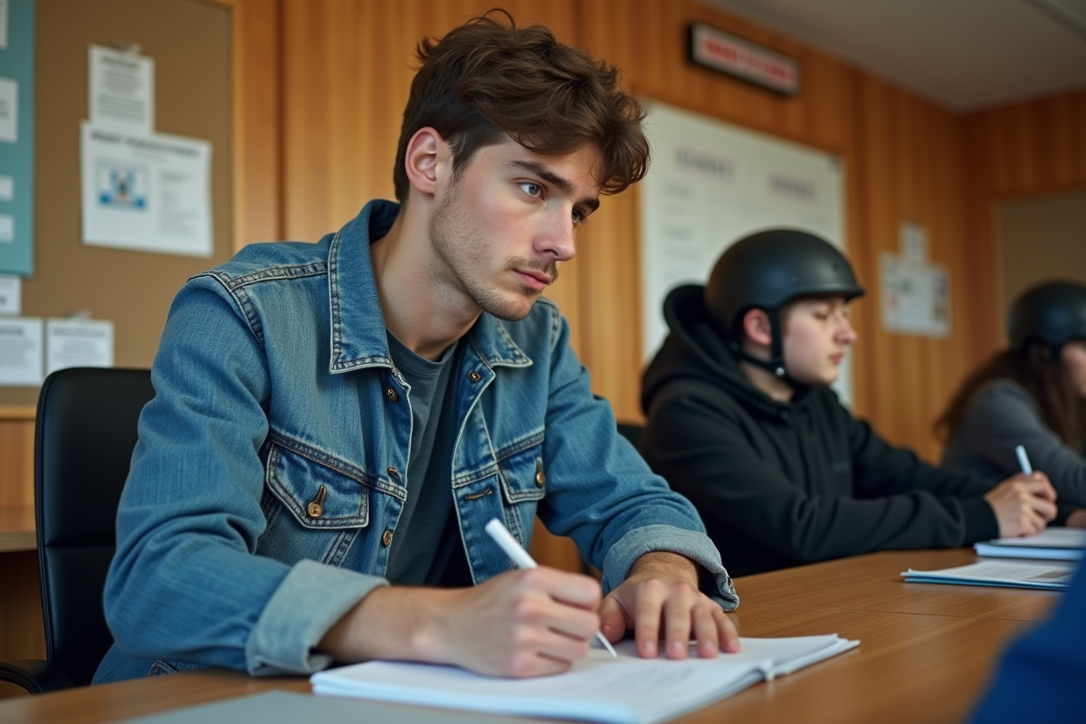 Jeune homme français remplissant papier dans un bureau de conduite