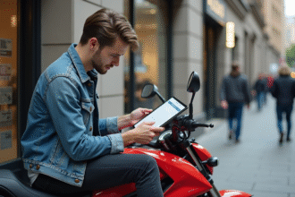 Jeune homme en denim consulte une assurance moto en ville