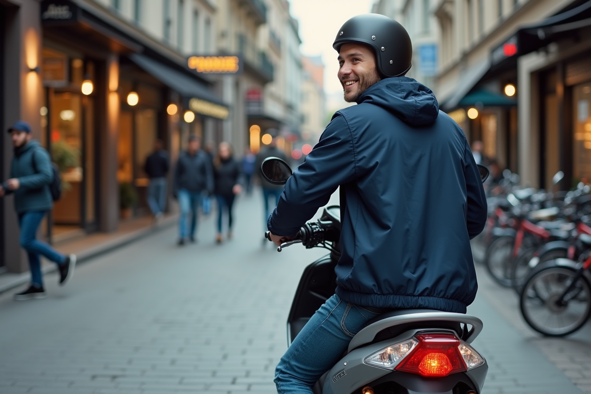 Jeune homme en veste bleu roulant en moto en ville