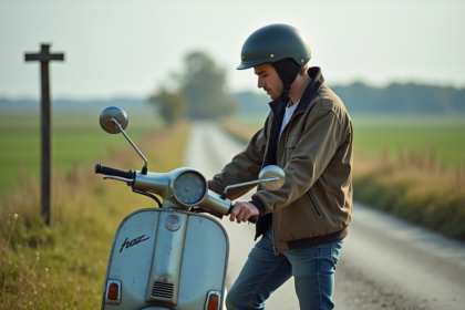 Jeune homme vérifiant le compteur de son scooter en campagne
