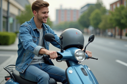 Jeune homme examine un scooter en ville au matin