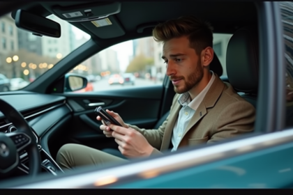 Jeune homme en voiture rideshare regardant son smartphone