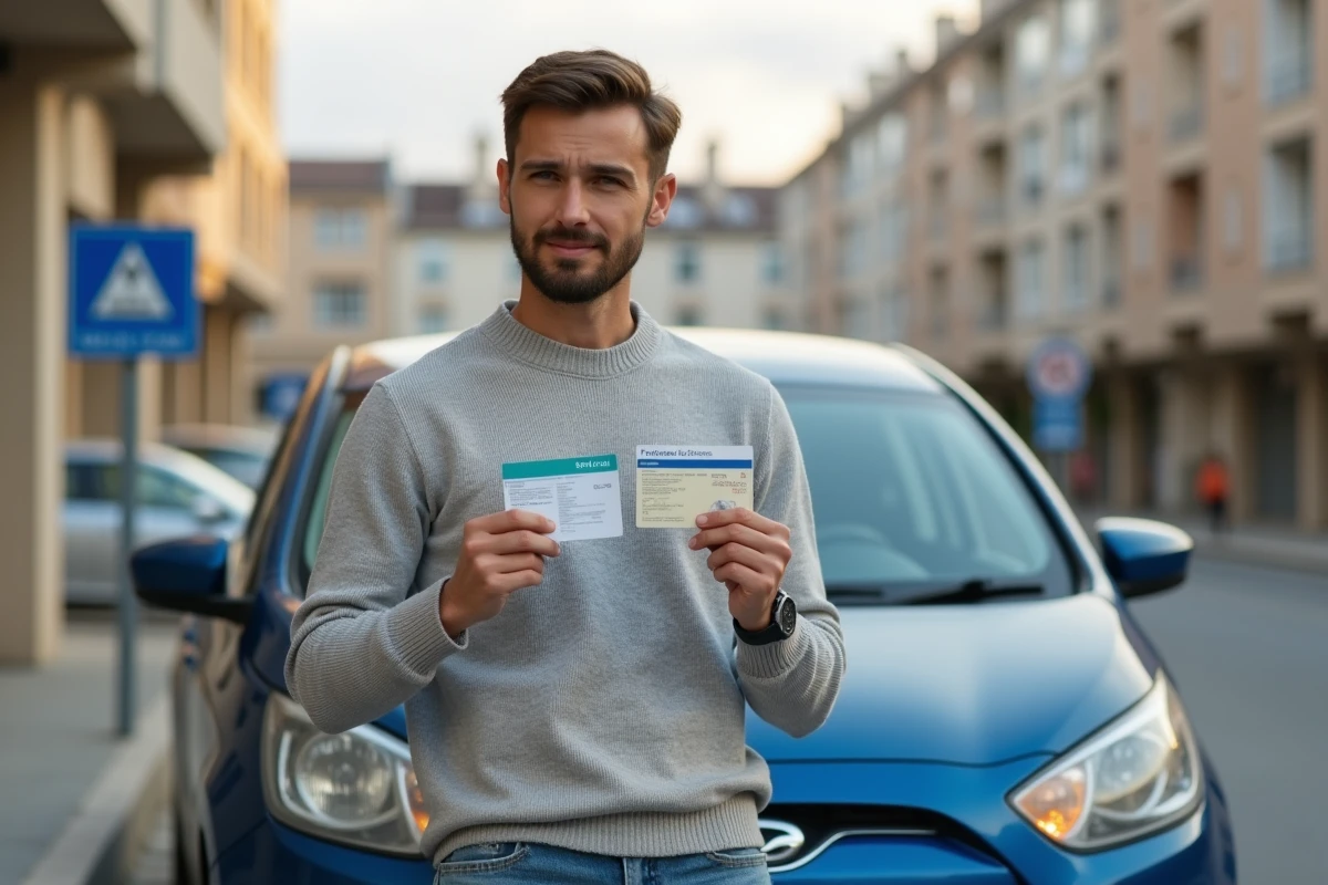Jeune homme montre ses permis de conduire dans la rue