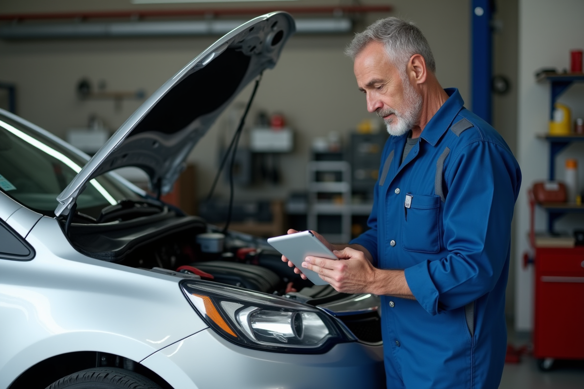 Mécanicien en overalls bleu inspectant un moteur moderne