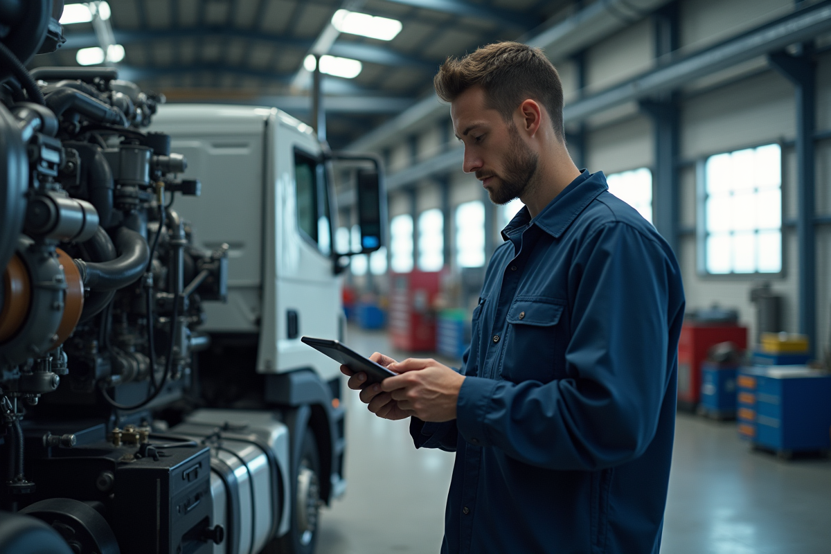 Mécanicien de camion utilisant une tablette dans un garage moderne
