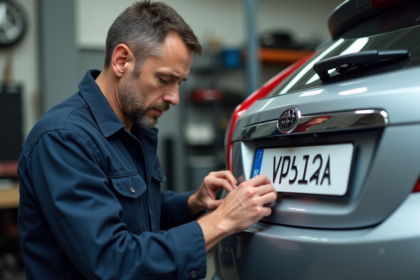 Mécanicien professionnel installant une plaque d'immatriculation sur une voiture
