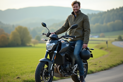Jeune motard souriant avec moto moderne en plein air