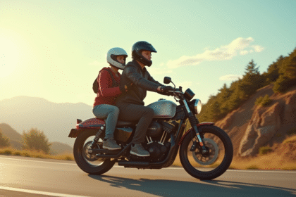 Couple en moto avec équipement de sécurité sur route ensoleillée