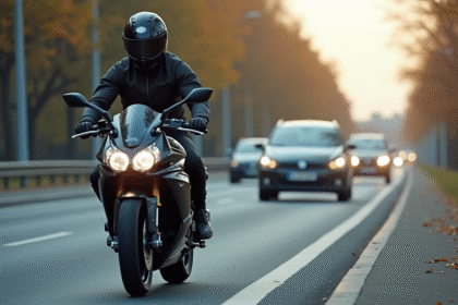 Motocycliste en ville française roulant sur une route dynamique