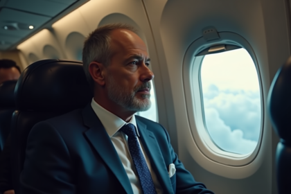 Homme d'affaires dans un avion regardant par la fenêtre