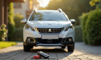 Voiture Peugeot 2008 garée dans une allée ensoleillée