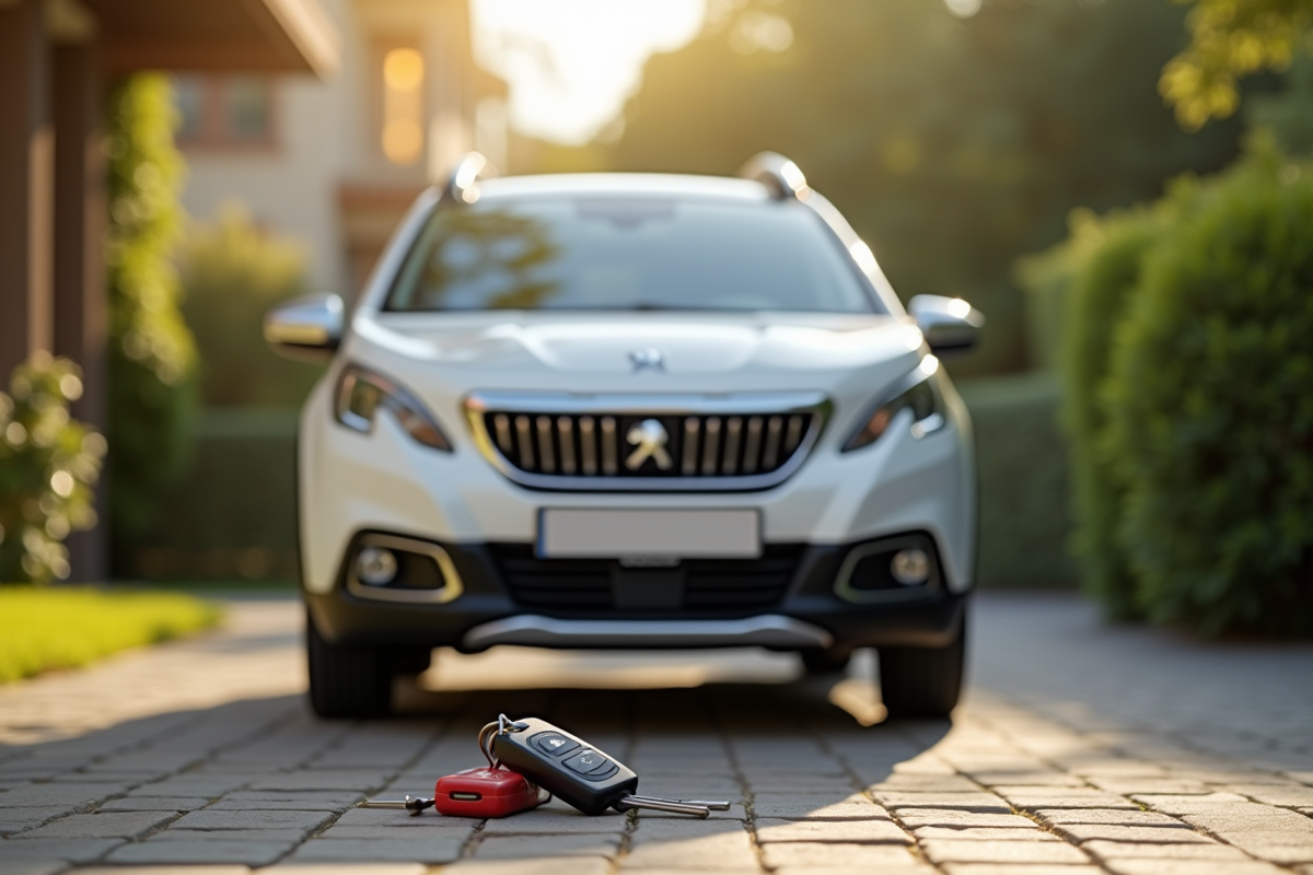 Voiture Peugeot 2008 garée dans une allée ensoleillée