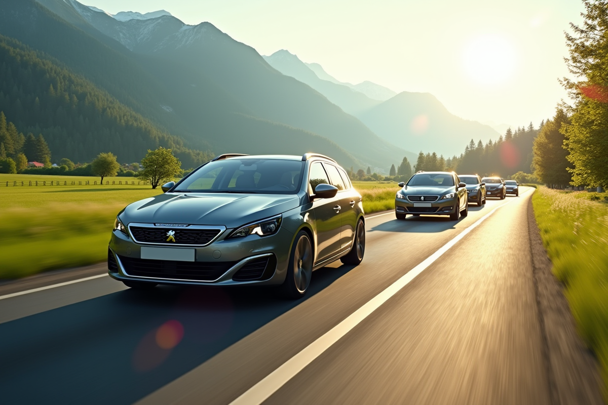 Voiture Peugeot 308 en conduite sur route de campagne avec paysage vert
