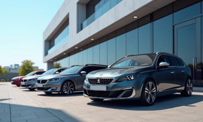 Peugeot 308 station wagon devant un bâtiment moderne avec reflets