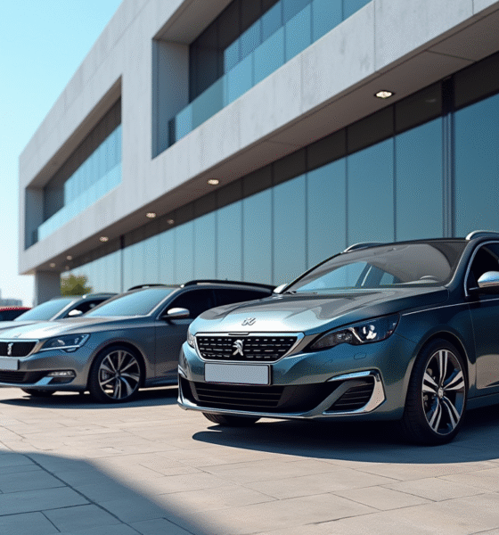 Peugeot 308 station wagon devant un bâtiment moderne avec reflets