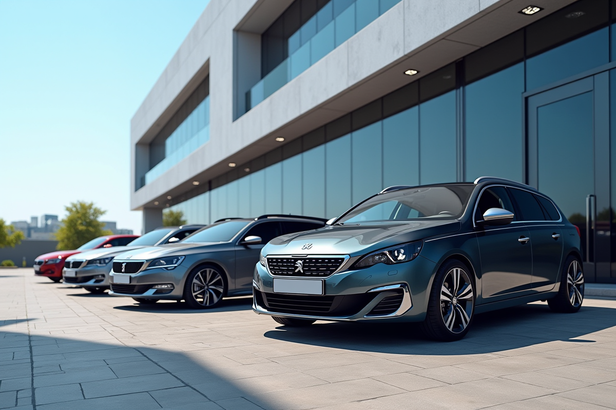 Peugeot 308 station wagon devant un bâtiment moderne avec reflets