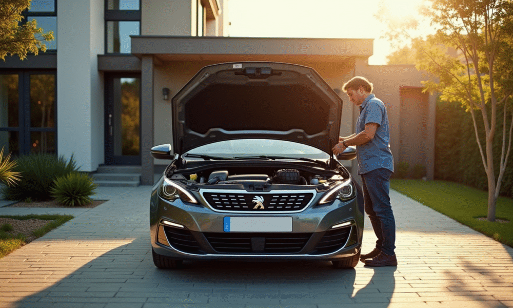 Peugeot 308 garée dans une allée ensoleillée avec un homme inspectant le moteur