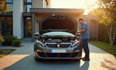Peugeot 308 garée dans une allée ensoleillée avec un homme inspectant le moteur