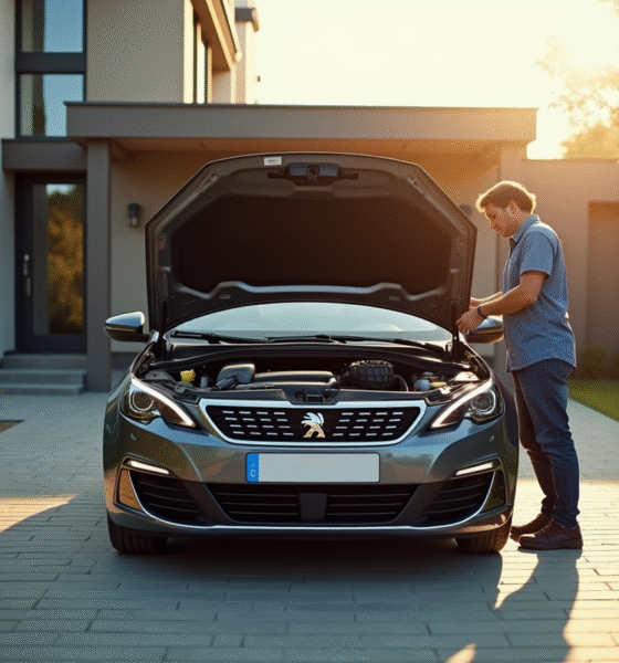 Peugeot 308 garée dans une allée ensoleillée avec un homme inspectant le moteur