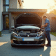 Peugeot 308 garée dans une allée ensoleillée avec un homme inspectant le moteur