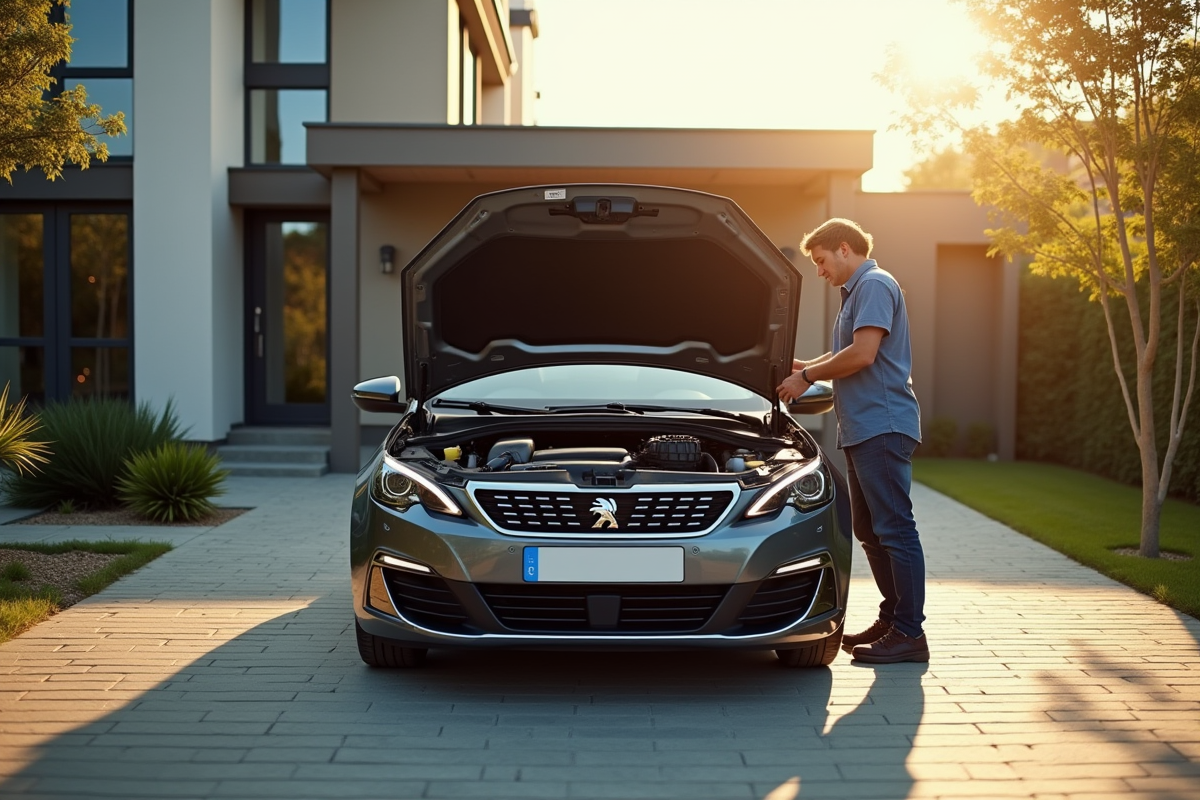 Peugeot 308 garée dans une allée ensoleillée avec un homme inspectant le moteur
