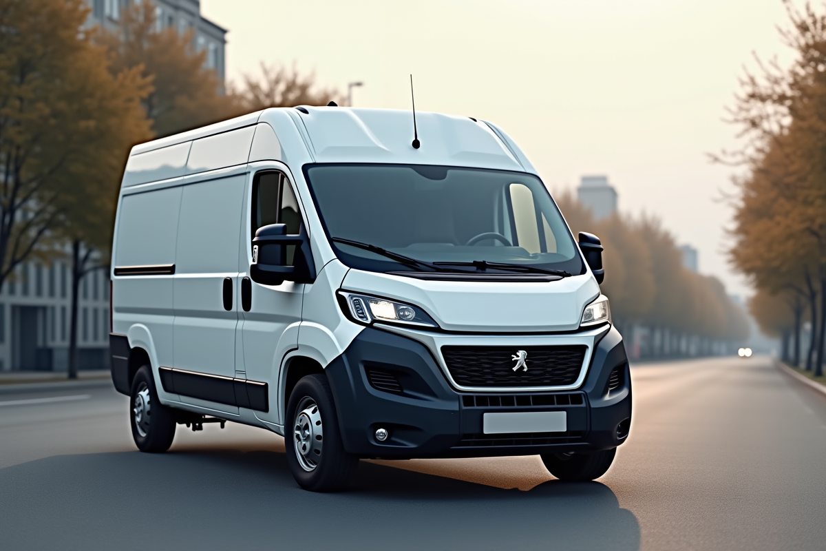 Peugeot Boxer blanc stationné en ville en plein jour