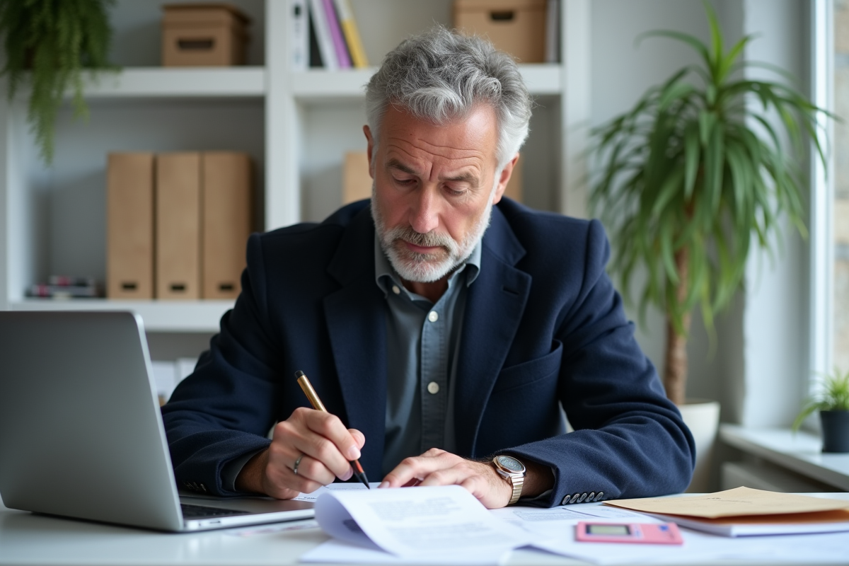 Homme remplissant un formulaire de permis dans son bureau à domicile
