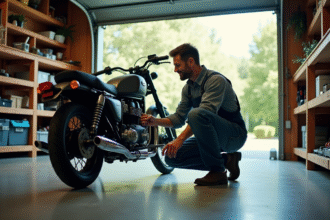 Homme moyenâge en overalls fixant un kit tricycle sur une moto