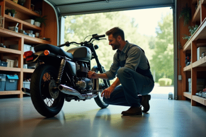 Homme moyenâge en overalls fixant un kit tricycle sur une moto
